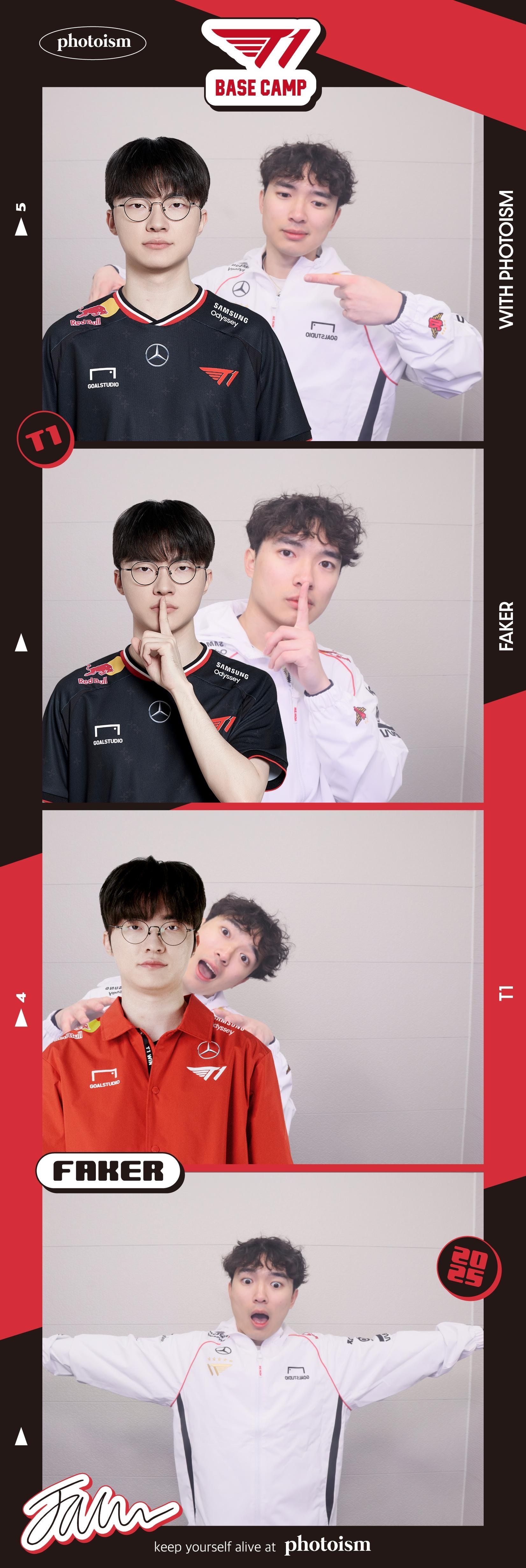 Two people pose playfully in a photo booth, in a series of four images, wearing sports jerseys with different expressions and gestures.
